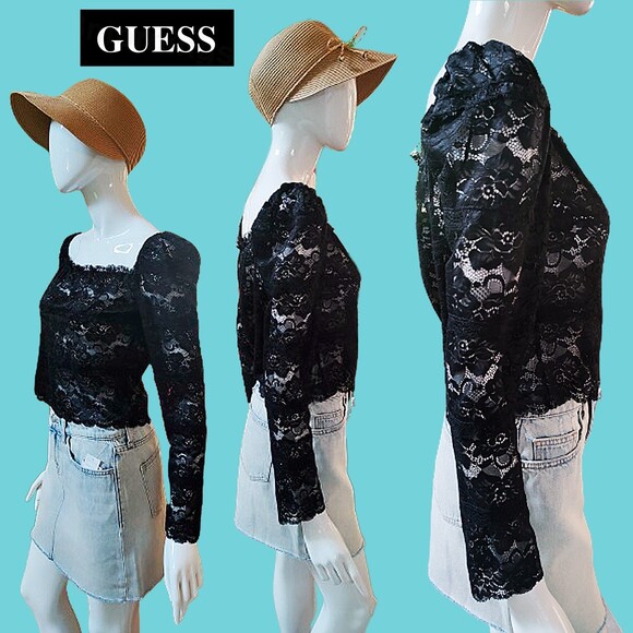 GUESS NEW Romantic Allover Lace Scallop Off-Shoulders Crop Top L - Picture 9 of 12